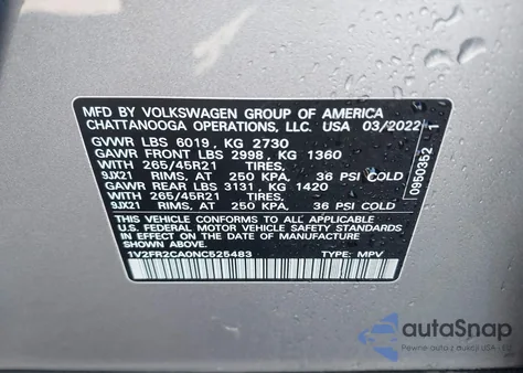 2022 Volkswagen Atlas 3.6L V6 Sel Premium R-Line из США, поврежденный, VIN 1V2FR2CA0NC525483